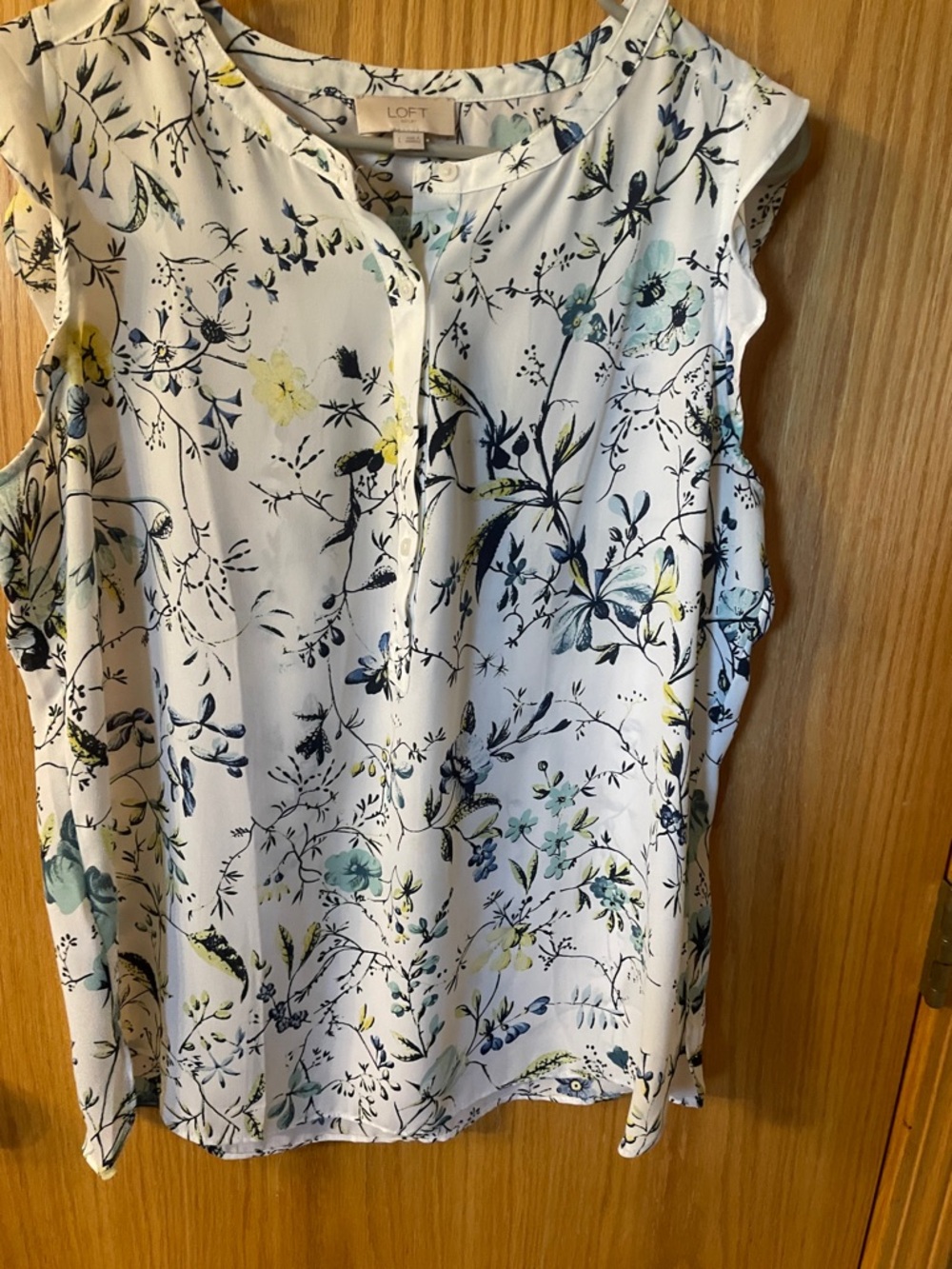 LOFT Outlet White Floral Sleeveless Camisole with Blue and Yellow Accents